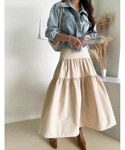 NANING9（ナンニング）の「NANING9 カンカンロングフレアスカート（スカート・レディース・ブラック/ライトベージュ・FREE）」の3枚目の写真