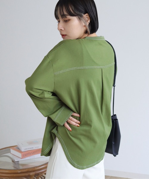 HER CLOSET(ハークローゼット)の「【shemoshelly】コットン100%ステッチプルオーバー(Tシャツ/カットソー・レディース・ブラック/グリーン/アイボリー・M)」の7枚目の写真