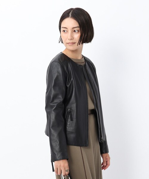 UNTITLED（アンタイトル）の「◆「L」ノーカラーレザージャケット（ライダースジャケット・レディース・ブラック/ダークブラウン・44/42/04/48/50/46）」の6枚目の写真