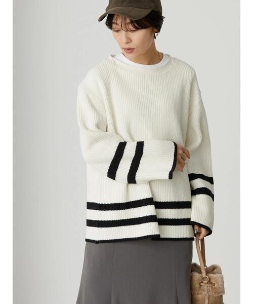 AMERICAN HOLIC(アメリカンホリック)の「ライン入り片畦ニットプルオーバー(ニット/セーター・レディース・ブラック/オフホワイト・M/L)」の3枚目の写真