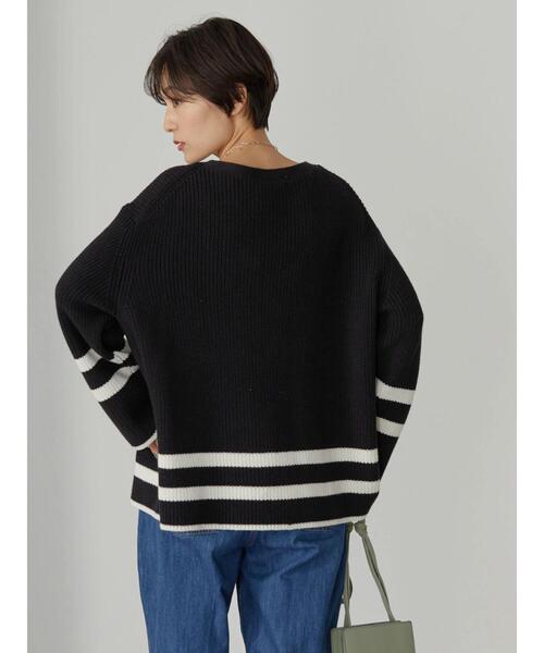 AMERICAN HOLIC(アメリカンホリック)の「ライン入り片畦ニットプルオーバー(ニット/セーター・レディース・ブラック/オフホワイト・M/L)」の4枚目の写真