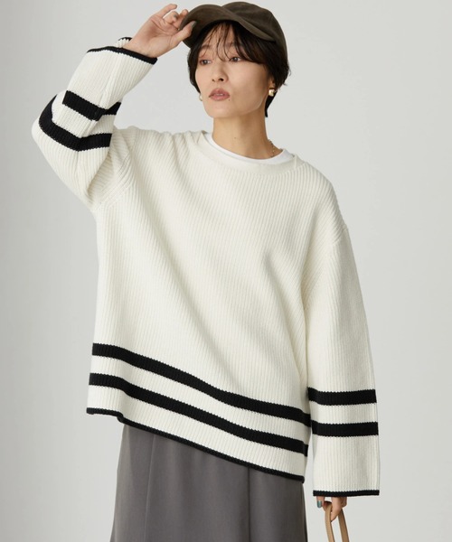AMERICAN HOLIC(アメリカンホリック)の「ライン入り片畦ニットプルオーバー(ニット/セーター・レディース・ブラック/オフホワイト・M/L)」の1枚目の写真