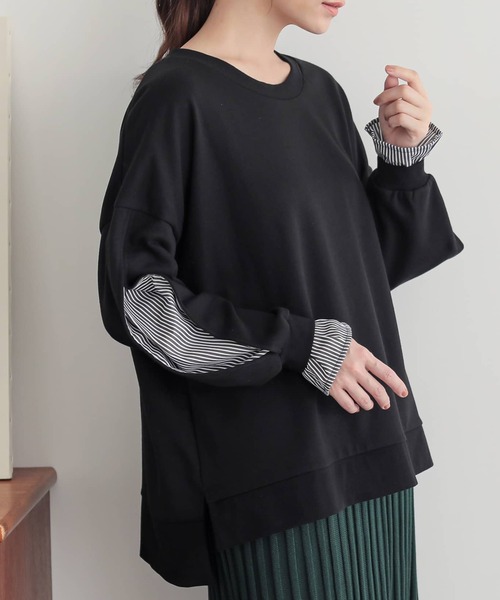 osharewalker（オシャレウォーカー）の「『ストライプドッキングぽわん袖スウェット』（スウェット・レディース・ブラック/ミント/杢グレー・FREE）」の5枚目の写真