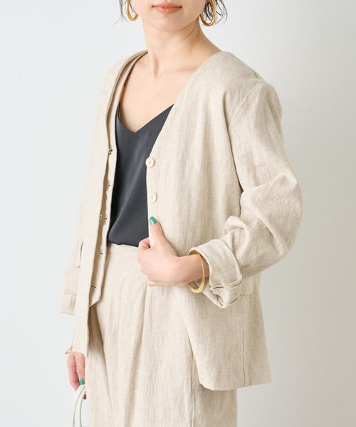 Omekashi（オメカシ）の「リネンノーカラージャケット（ノーカラー