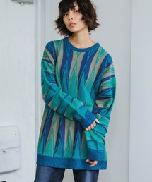 立体ジャガードアーガイル柄クルーネックニット オーバーサイズ