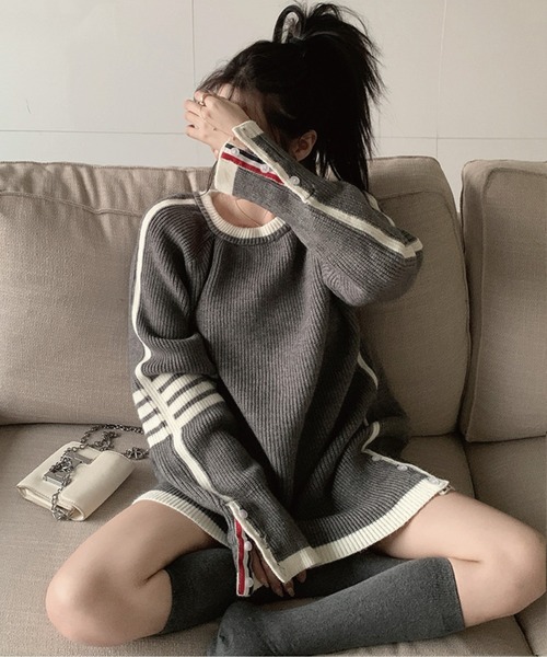 meJane（ミージェーン）の「バイカラーライン釦ポイントジャガードニットプルオーバー（ニット/セーター・レディース・グレー/ネイビー・FREE）」の6枚目の写真