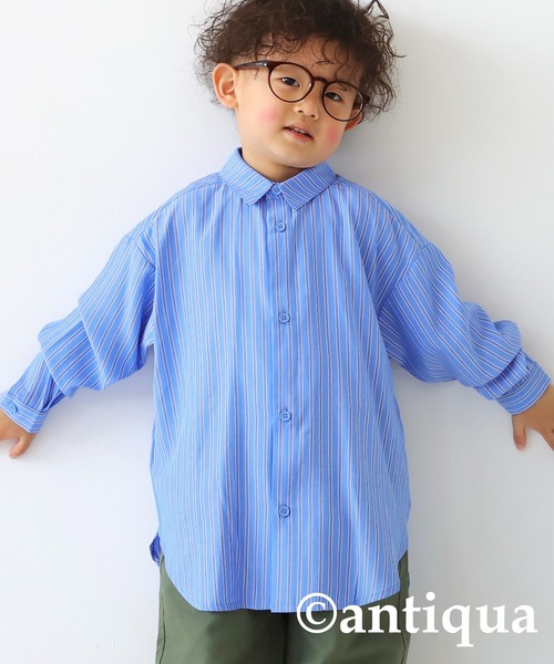 antiqua(アンティカ)の「ストライプ柄シャツ(シャツ/ブラウス・キッズ・ブルー/グリーン・120/130/140/150/160)」の2枚目の写真