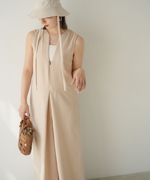 レディース　オールインワン　サロペット　Ｖネック　ベージュ セール】Vネックオールインワン（サロペット/オーバーオール
