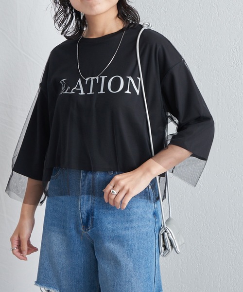 COLONY 2139（コロニートゥーワンスリーナイン）の「チュールレイヤードクロップドプリントTシャツ（Tシャツ/カットソー・レディース・ネイビー/ブラック/オフホワイト・FREE）」の2枚目の写真