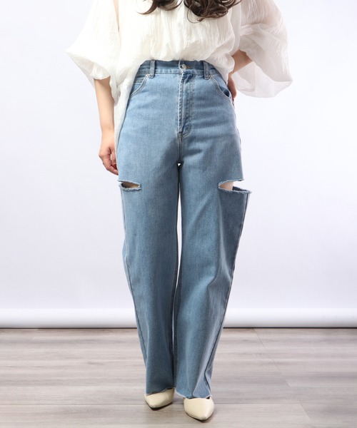 Blasty（ブラスティー）の「BLASTY サイドダメージデニムワイドパンツ（デニムパンツ・レディース・ライトインディゴブルー/ブラック・FREE）」の20枚目の写真