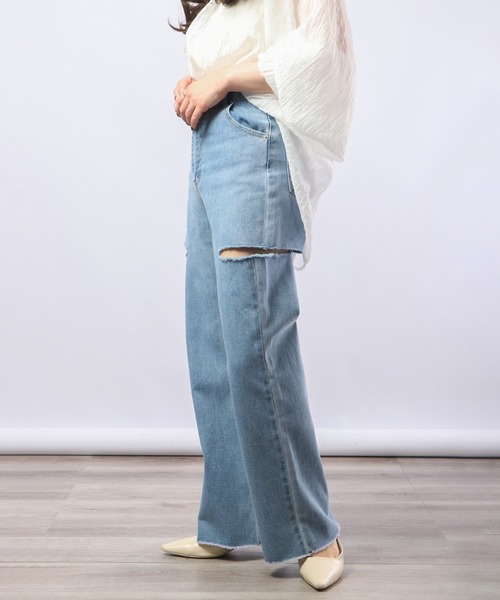 Blasty（ブラスティー）の「BLASTY サイドダメージデニムワイドパンツ（デニムパンツ・レディース・ライトインディゴブルー/ブラック・FREE）」の21枚目の写真