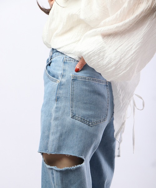 Blasty（ブラスティー）の「BLASTY サイドダメージデニムワイドパンツ（デニムパンツ・レディース・ライトインディゴブルー/ブラック・FREE）」の19枚目の写真