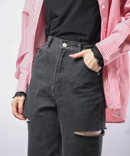 Blasty（ブラスティー）の「BLASTY サイドダメージデニムワイドパンツ（デニムパンツ・レディース・ライトインディゴブルー/ブラック・FREE）」の9枚目の写真