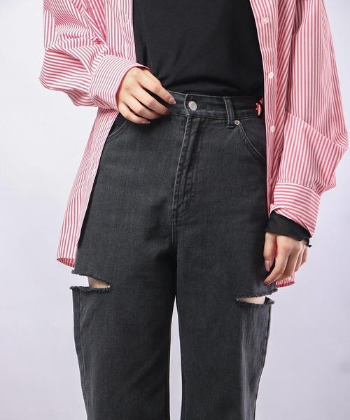 Blasty（ブラスティー）の「BLASTY サイドダメージデニムワイドパンツ（デニムパンツ・レディース・ライトインディゴブルー/ブラック・FREE）」の8枚目の写真