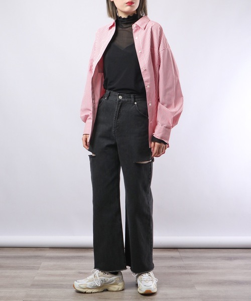 Blasty（ブラスティー）の「BLASTY サイドダメージデニムワイドパンツ（デニムパンツ・レディース・ライトインディゴブルー/ブラック・FREE）」の12枚目の写真