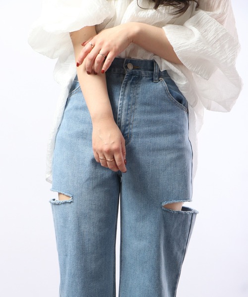 Blasty（ブラスティー）の「BLASTY サイドダメージデニムワイドパンツ（デニムパンツ・レディース・ライトインディゴブルー/ブラック・FREE）」の18枚目の写真