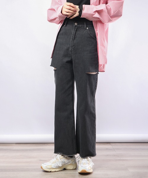 Blasty（ブラスティー）の「BLASTY サイドダメージデニムワイドパンツ（デニムパンツ・レディース・ライトインディゴブルー/ブラック・FREE）」の11枚目の写真