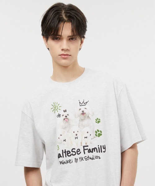 WaiKei（ワイケイ）の「A'GAM/9×.kom『WaiKei/ワイケイ』Maltese family half sleeve tshirts/マルチーズデザイン 半袖Tシャツ カットソー（Tシャツ/カットソー・レディース・ホワイト/ライトグレー/ブラック・1/2）」の7枚目の写真