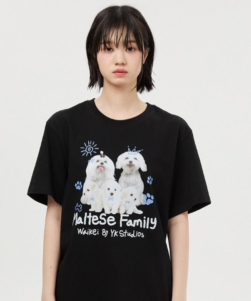 WaiKei（ワイケイ）の「A'GAM/9×.kom『WaiKei/ワイケイ』Maltese family half sleeve tshirts/マルチーズデザイン 半袖Tシャツ カットソー（Tシャツ/カットソー・レディース・ホワイト/ライトグレー/ブラック・1/2）」の6枚目の写真