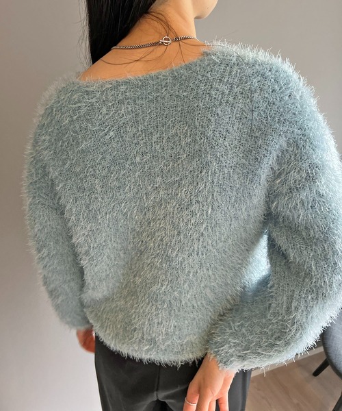 PEOPLESTYLE シャギーニットセーターＶネックロゴ入り男女兼用 セール】シャロ―Vネックシャギーニットプルオーバー（ニット