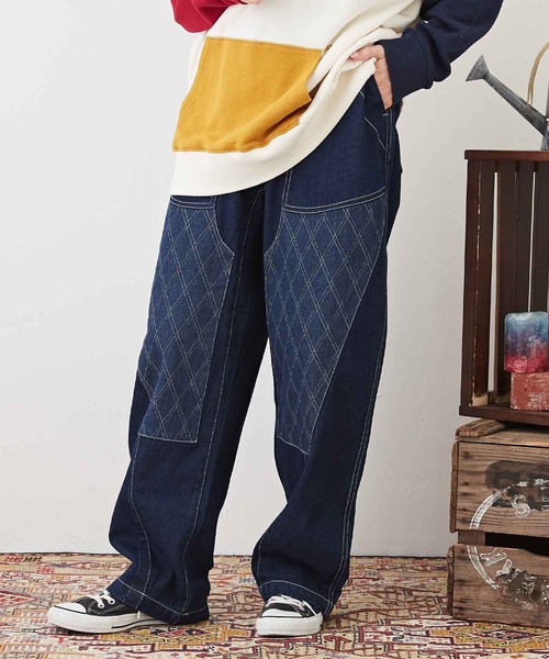 CUBE SUGAR(キューブシュガー)の「WEB限定ジャガードデニム ニーパッチパンツ(デニムパンツ・レディース・ブルー/インディゴブルー・M)」の1枚目の写真