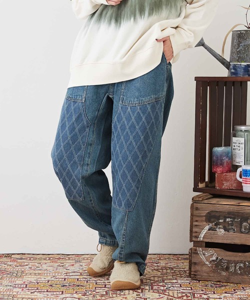 CUBE SUGAR(キューブシュガー)の「WEB限定ジャガードデニム ニーパッチパンツ(デニムパンツ・レディース・ブルー/インディゴブルー・M)」の2枚目の写真