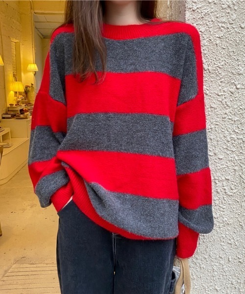 SHEPP(シープ)の「ワイドボーダー モヘアライクニット(ニット/セーター・レディース・ネイビー/レッド・FREE)」の9枚目の写真