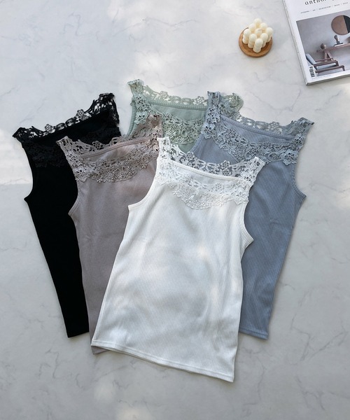 AS KNOW AS plus（アズノゥアズプラス）の「◎ゴージャスレースタンクトップ（タンクトップ・レディース・ミント/ブラック/グレイッシュベージュ/サックスブルー/オフホワイト/イエロー/ホワイト×ブラック/レッド/ベージュ系/ブラウン・FREE）」の12枚目の写真