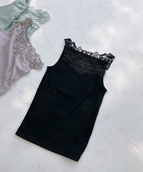 AS KNOW AS plus（アズノゥアズプラス）の「◎ゴージャスレースタンクトップ（タンクトップ・レディース・ミント/ブラック/グレイッシュベージュ/サックスブルー/オフホワイト/イエロー/ホワイト×ブラック/レッド/ベージュ系/ブラウン・FREE）」の14枚目の写真