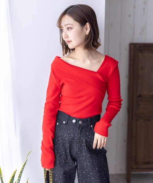 clear（クリア）の「≪再入荷≫クロスリブカットソー[オフィスカジュアル 着回し抜群 大人]（Tシャツ/カットソー・レディース・オフホワイト/ブラック/サックスブルー/ピンク/ベージュ/ミント/サーモンピンク/レッド・F）」の9枚目の写真