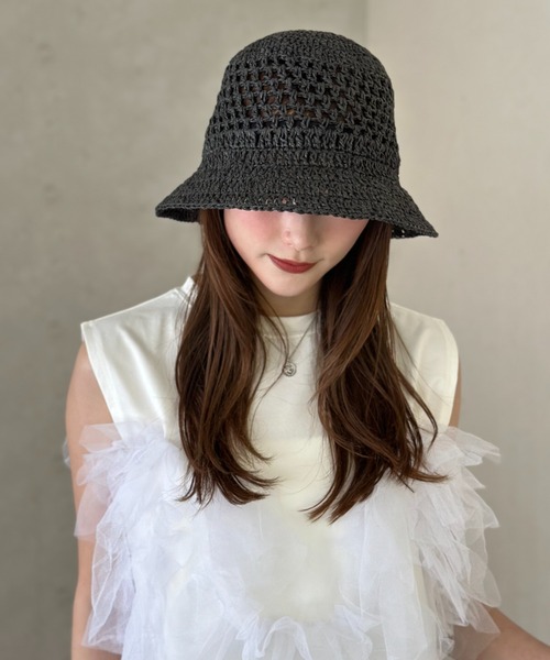 【セール】クロエ☆クロシェ編み ハット ロゴ入り織りリボン付 セール】ペーパークロシェ編み キャペリンハット（ハット