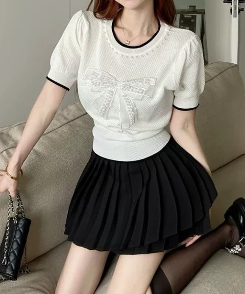 Achic(アシック)の「パールポイントリボンニットトップス(ニット/セーター・レディース・ホワイト/ブラック・M)」の7枚目の写真