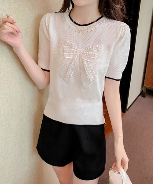 Achic(アシック)の「パールポイントリボンニットトップス(ニット/セーター・レディース・ホワイト/ブラック・M)」の10枚目の写真