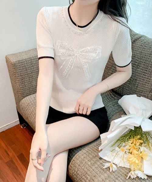 Achic(アシック)の「パールポイントリボンニットトップス(ニット/セーター・レディース・ホワイト/ブラック・M)」の13枚目の写真