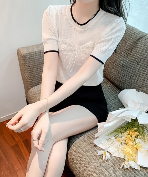 Achic(アシック)の「パールポイントリボンニットトップス(ニット/セーター・レディース・ホワイト/ブラック・M)」の14枚目の写真