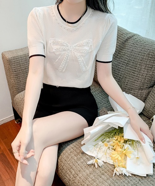 Achic(アシック)の「パールポイントリボンニットトップス(ニット/セーター・レディース・ホワイト/ブラック・M)」の15枚目の写真