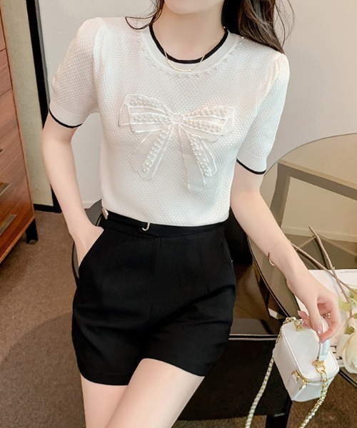 Achic(アシック)の「パールポイントリボンニットトップス(ニット/セーター・レディース・ホワイト/ブラック・M)」の19枚目の写真