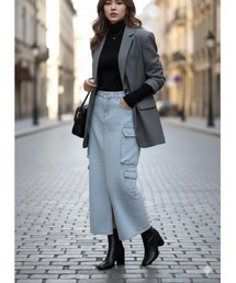 Day and Grade（デイアンドグレイド）の「【最旬カーゴ】デニム マキシカーゴスカート / ワイドシルエット カーゴポケット / ライトブルー（デニムスカート）」