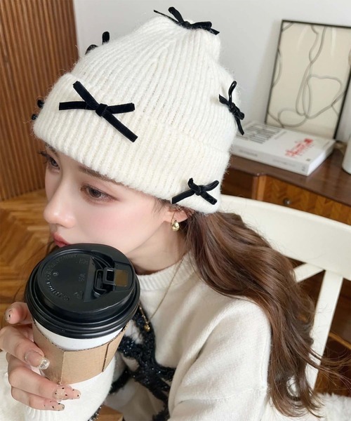 linkable×modisteリボンチュールニット帽　ブラック linkable×modisteリボンチュールニット帽 ブラック linkable×modiste