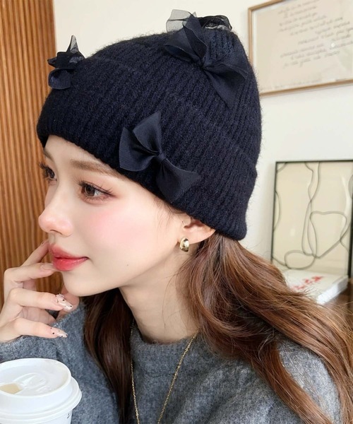 セール】チュールリボン or ベロアリボン付きアソートリブニット帽