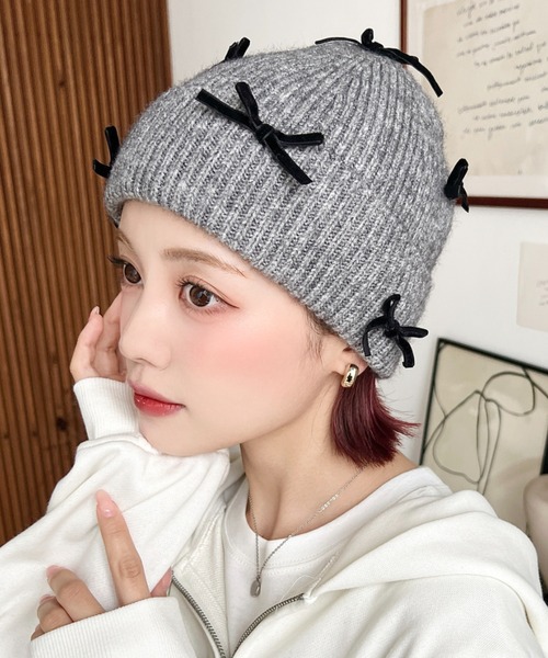 セール】チュールリボン or ベロアリボン付きアソートリブニット帽