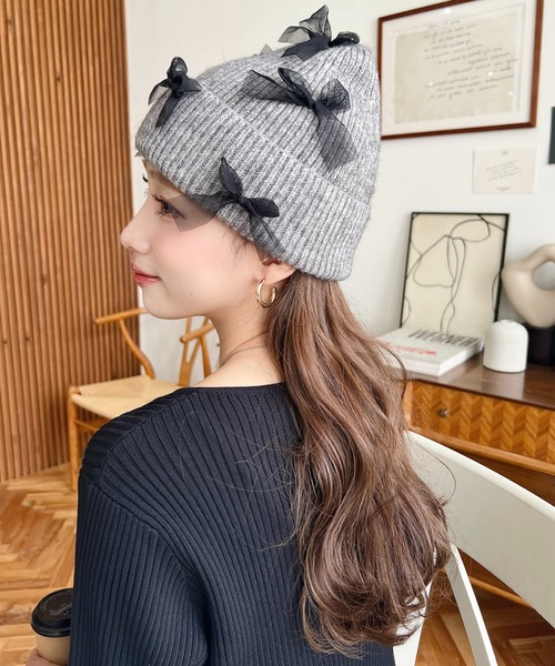 セール】チュールリボン or ベロアリボン付きアソートリブニット帽