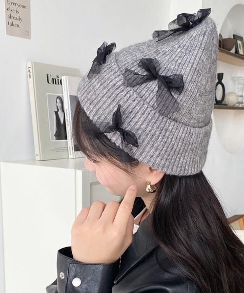 セール】チュールリボン or ベロアリボン付きアソートリブニット帽