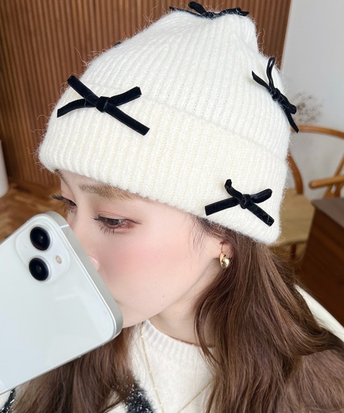 セール】チュールリボン or ベロアリボン付きアソートリブニット帽