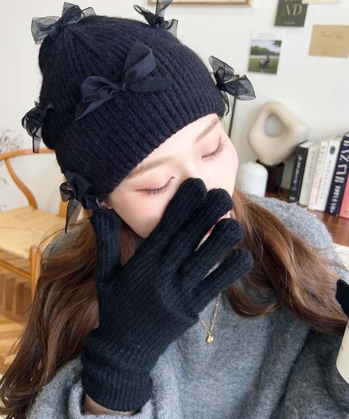 セール】チュールリボン or ベロアリボン付きアソートリブニット帽