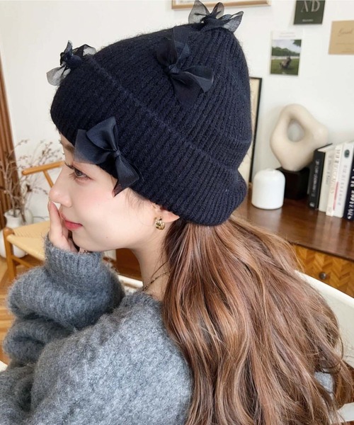 セール】チュールリボン or ベロアリボン付きアソートリブニット帽