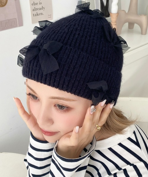 セール】チュールリボン or ベロアリボン付きアソートリブニット帽