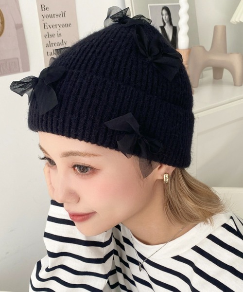 セール】チュールリボン or ベロアリボン付きアソートリブニット帽