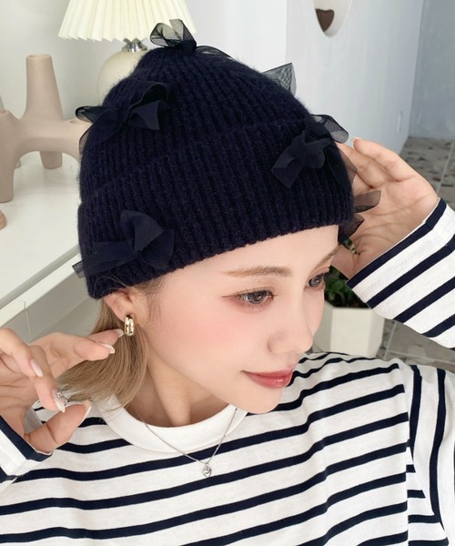 セール】チュールリボン or ベロアリボン付きアソートリブニット帽