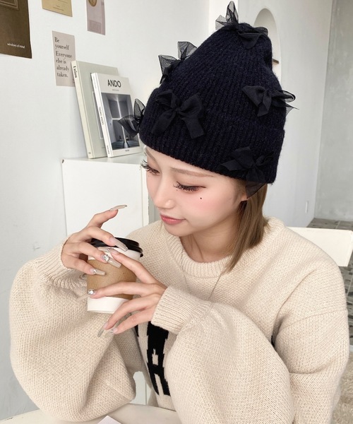セール】チュールリボン or ベロアリボン付きアソートリブニット帽